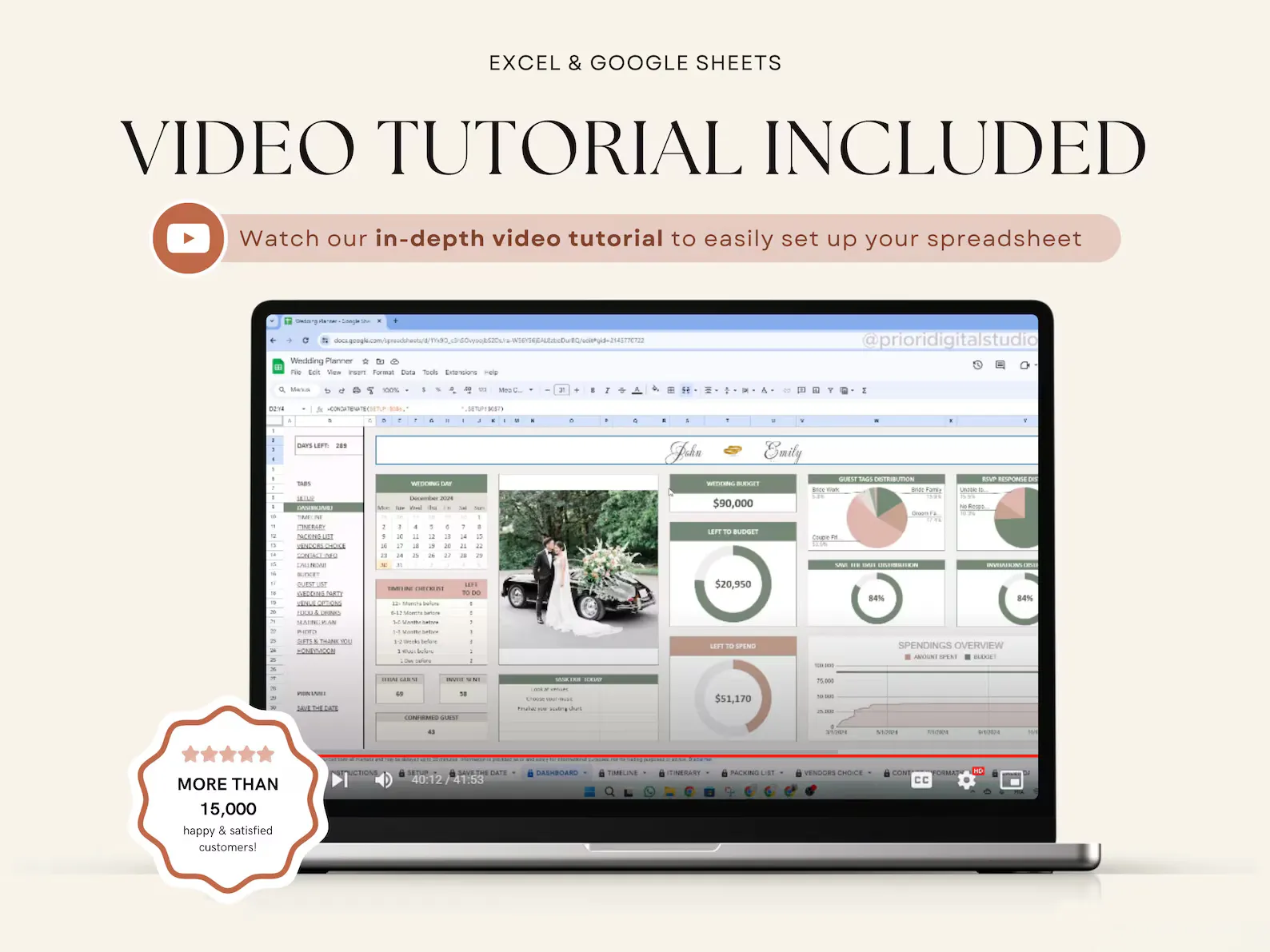 Wedding planner spreadsheet preview showing beautiful organization and automation features